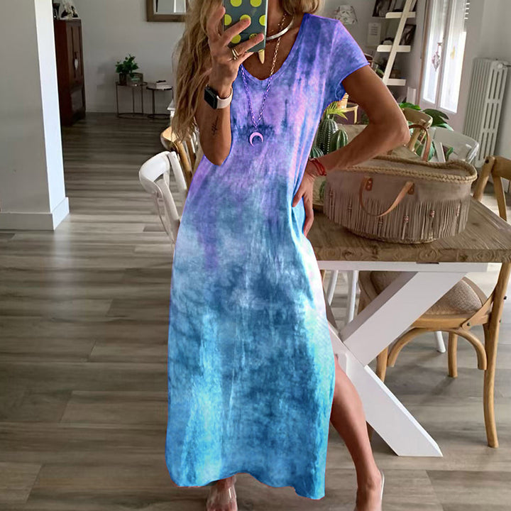 Damen Langarm-Maxikleid mit modernem Tie-Dye-Muster und V-Ausschnitt Drune