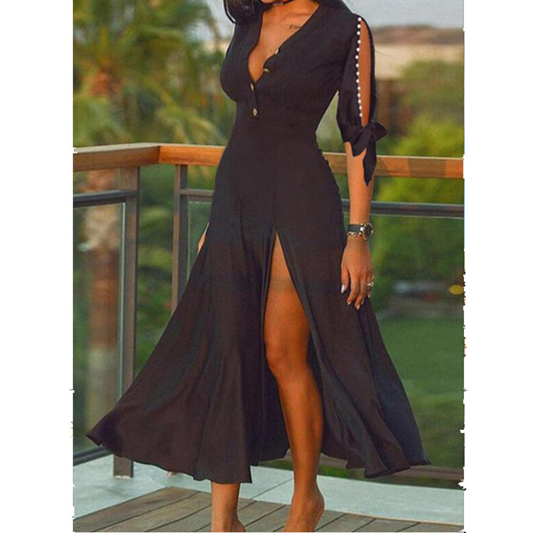 Damen Maxikleid mit elegantem V-Ausschnitt und hohem Schlitz Drune