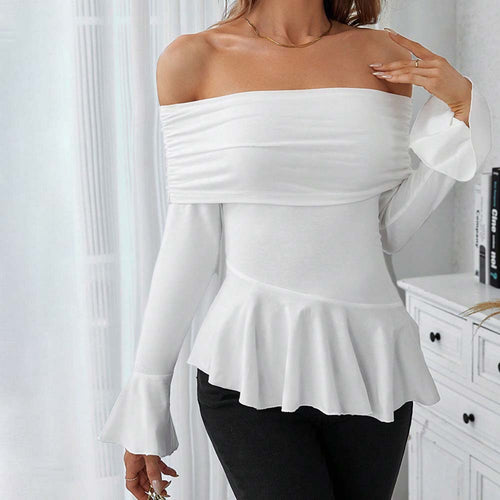 Damen Off-Shoulder Oberteil mit schickem Volant und langen Ärmeln Drune