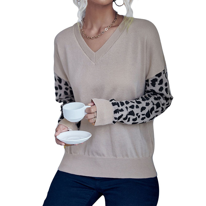 Damen Strickpullover mit V-Ausschnitt und Leopardenärmeln Drune