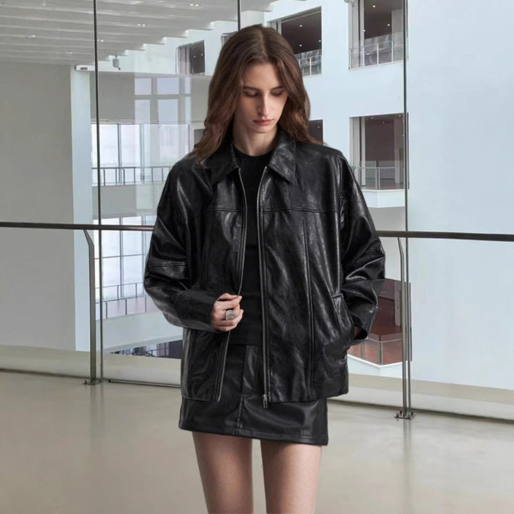 Damen Kunstlederjacke im angesagten Biker-Stil mit asymmetrischem Reißverschluss Drune