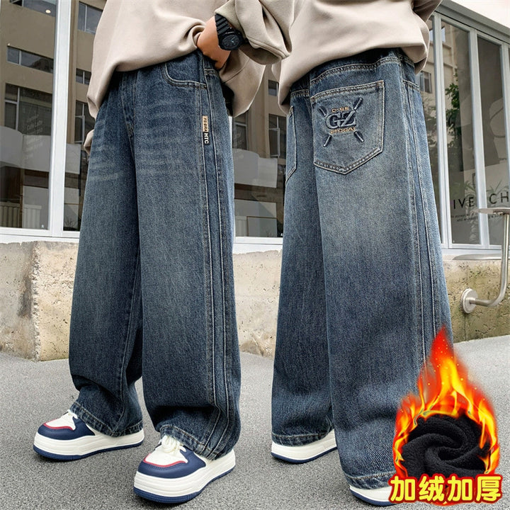 Damen weite Denim-Hose mit tiefem Bund Drune