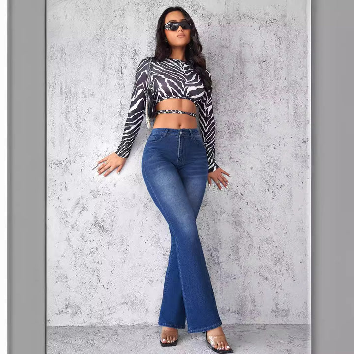 Damen Flared Jeans im modernen Design mit hohem Bund und ausgefallenem Waschung Drune