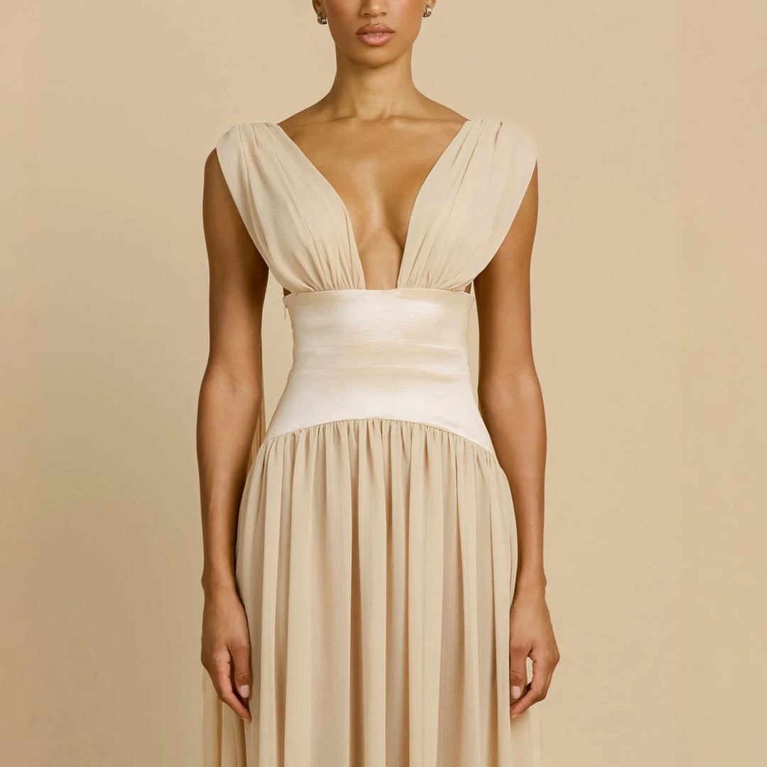 Damen Elegantes Langarm-Maxikleid mit tiefem V-Ausschnitt Drune