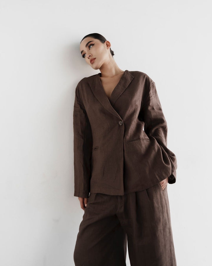 Damen elegantes Leinenanzug-Set mit langärmliger Jacke und weitem Schnitt Drune
