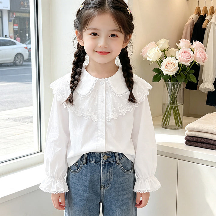 Mädchen Bluse mit eleganter Spitzenverzierung und Rüschendetails Drune