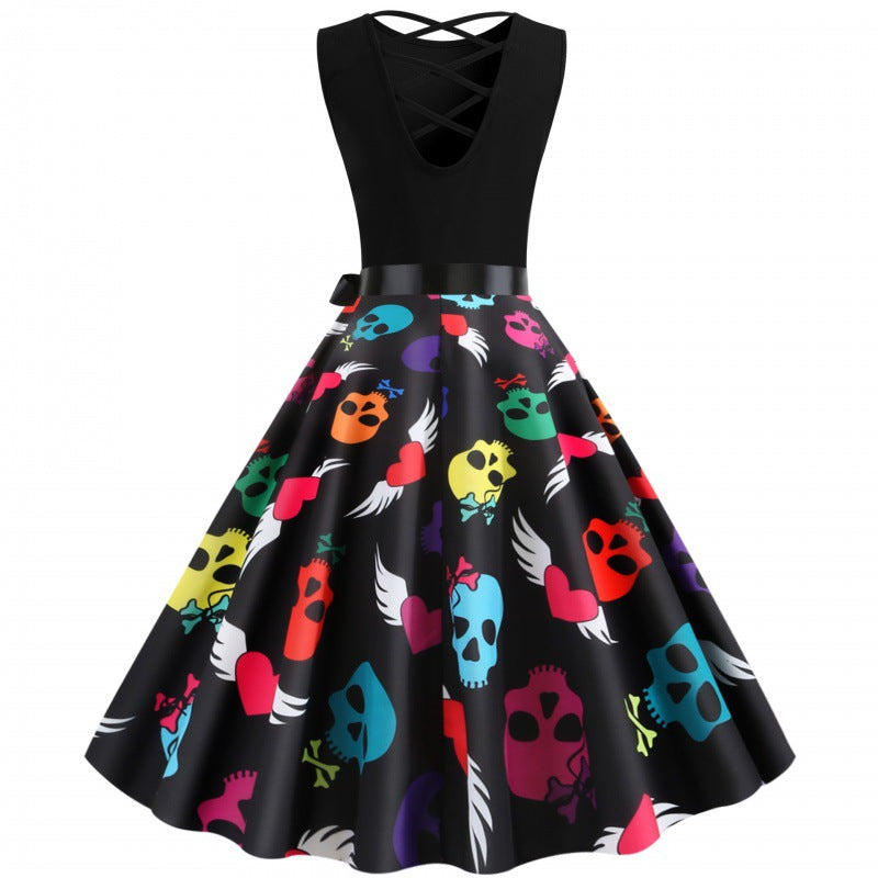 Damen Swingkleid mit buntem Totenkopf-Design und seitlichem Bindegürtel Drune