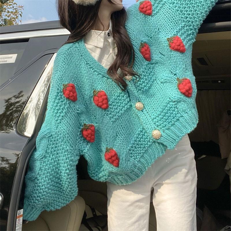 Damen Grober Strickcardigan mit Blumenstickerei und funkelnden Knöpfen Drune