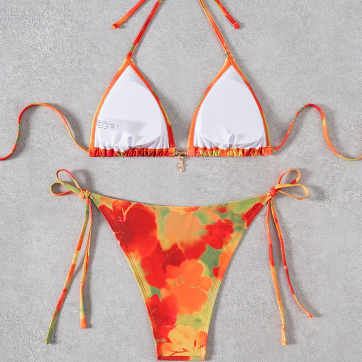 Damen Triangel-Bikini mit floralem Design und verstellbaren Bindebändern Drune