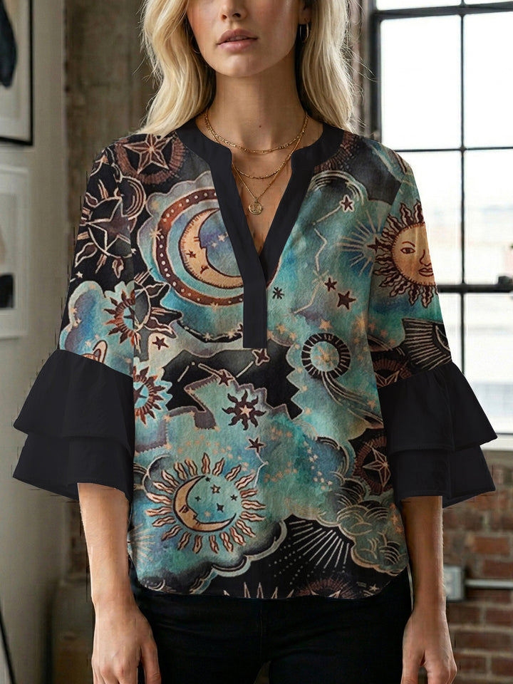 Damen lässige Bluse mit Volantärmeln und botanischem Druck Drune