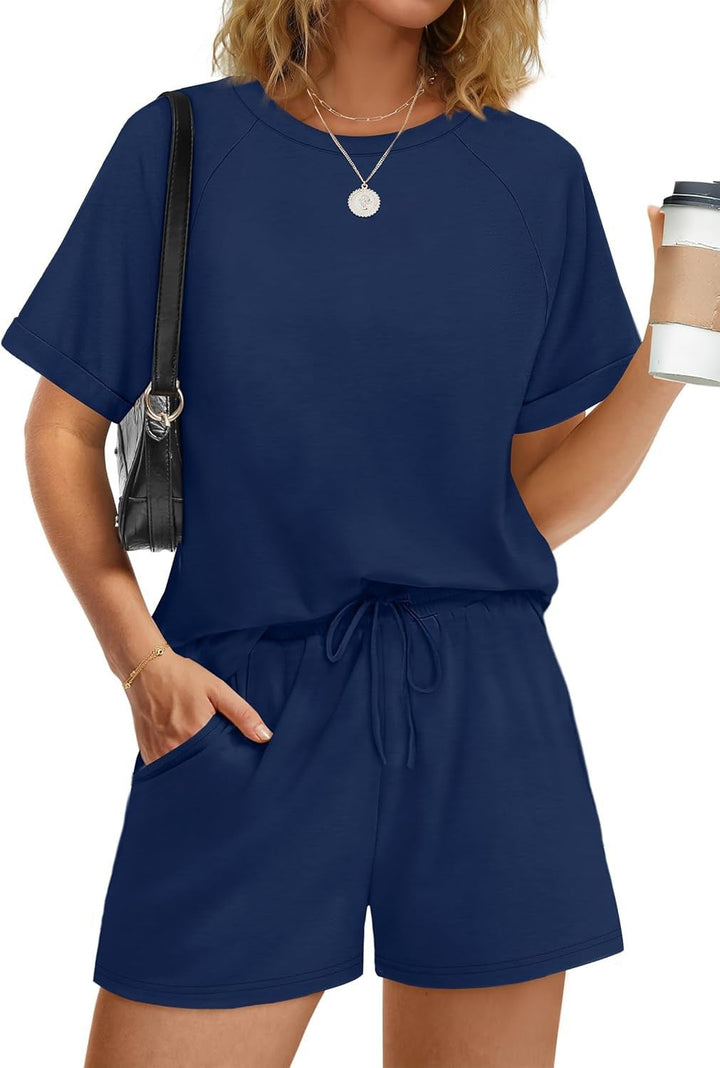 Damen lässiger Kombi aus T-Shirt und Shorts mit elastischem Bund Drune