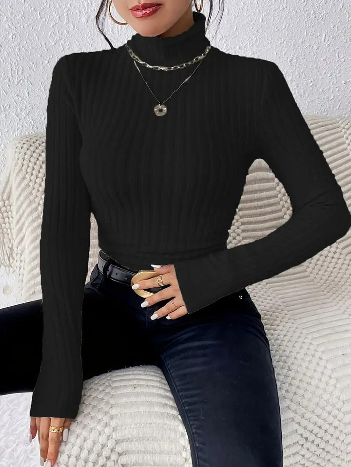 Damen Rippstrick-Turtleneck-Oberteil mit langen Ärmeln Drune