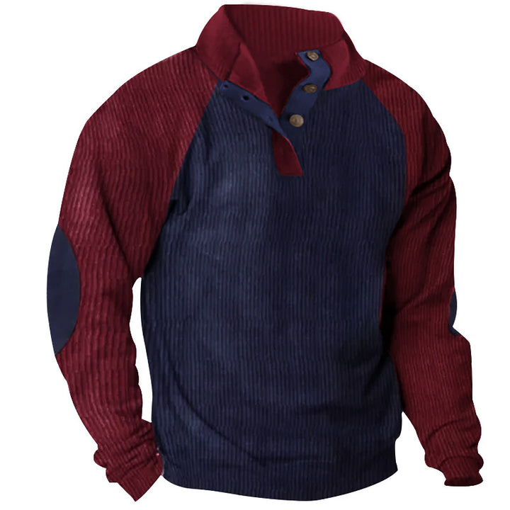 Herren nan strukturiertes Henley-Sweatshirt mit Stehkragen, Raglanärmeln und Ellbogenpatches Drune