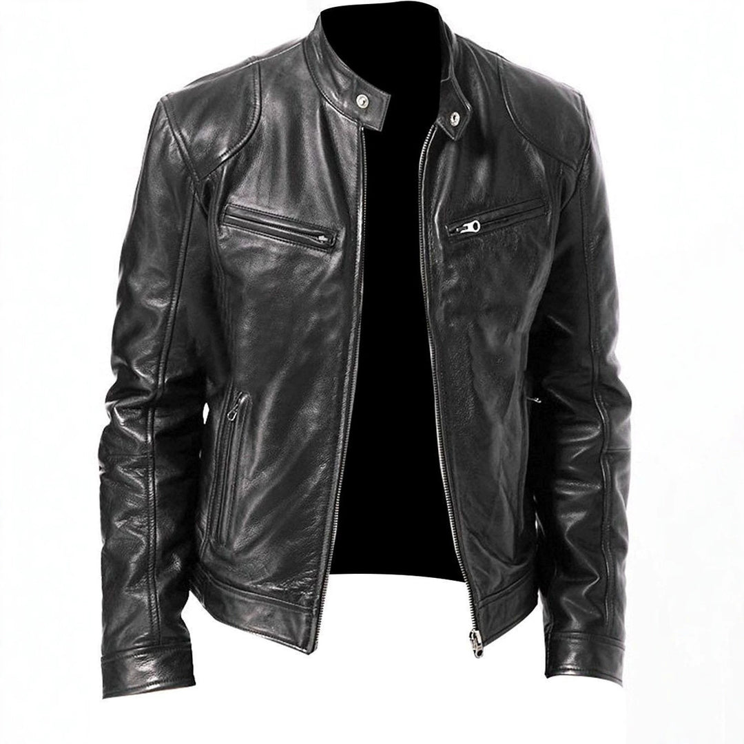 Herren nan vintage-inspirierte Lederjacke im Bikerstil mit Stehkragen und sichtbaren Reißverschlüssen Drune