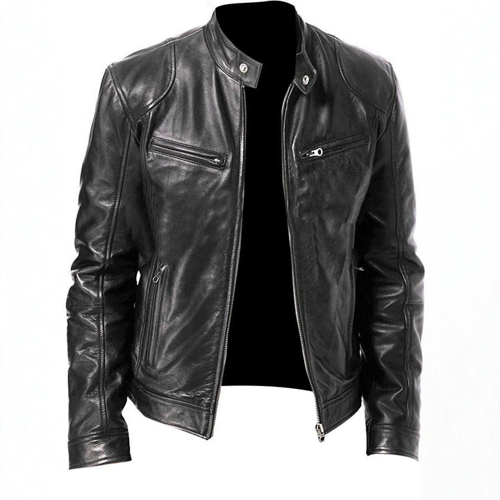 Herren nan vintage-inspirierte Lederjacke im Bikerstil mit Stehkragen und sichtbaren Reißverschlüssen Drune