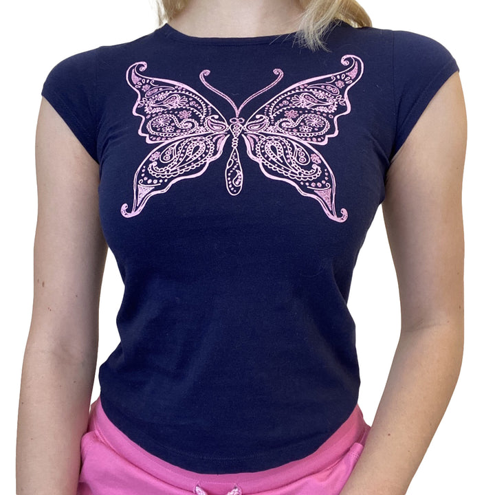 Damen lässiges Grafik-Crop-Top mit Rundhals-Ausschnitt Drune