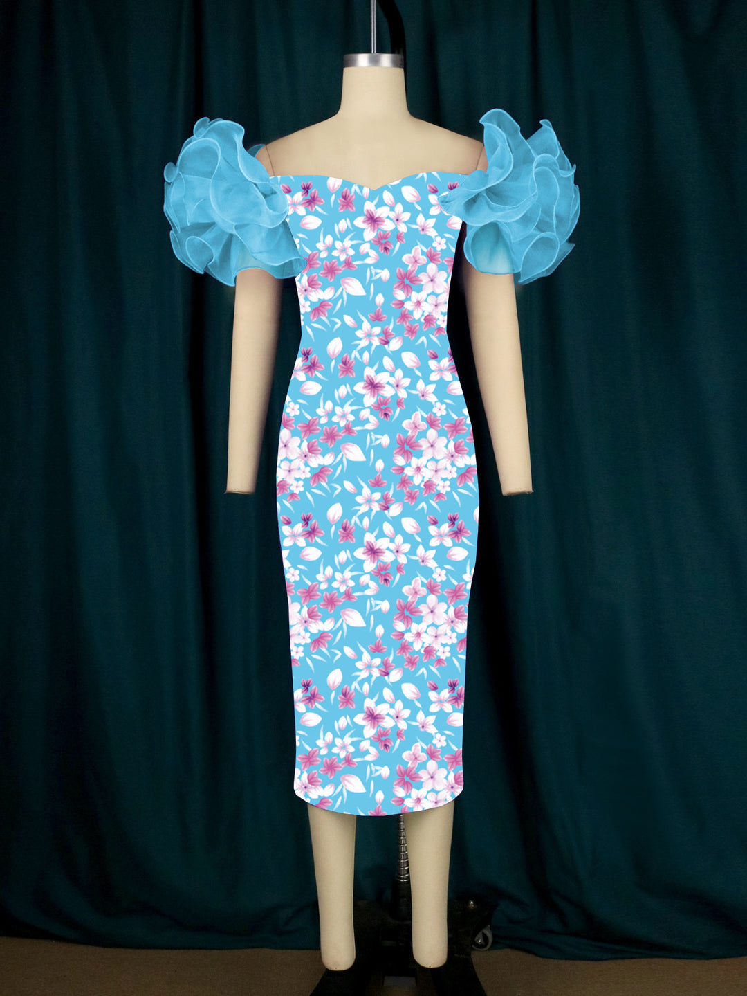 Damen Elegantes Midi-Kleid mit innovativen Puffärmeln und kunstvollem Druck Drune