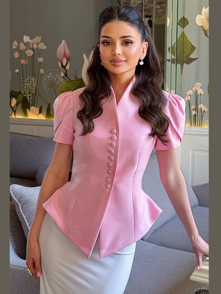 Damen elegante Designerbluse mit Puffärmeln und Knopfdetails Drune