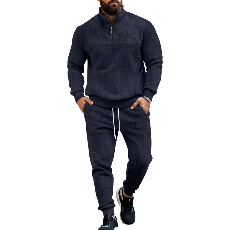 Herren nan Strick-Trainingsset mit halbem Reißverschluss, Zopfmuster-Pulli und Kordelzug-Jogger Drune