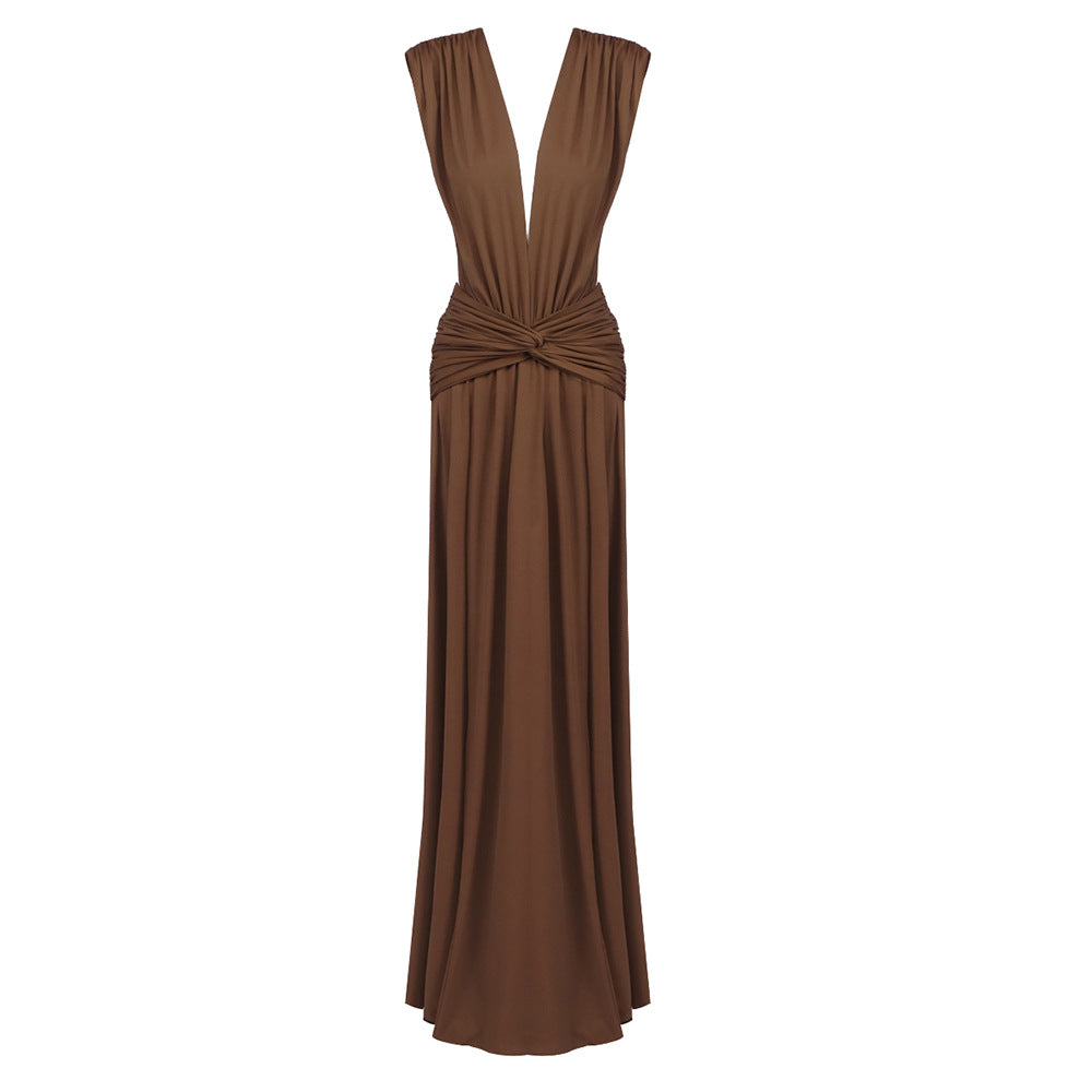 Damen elegantes Maxikleid mit tiefem V-Ausschnitt und drapiertem Bund Drune