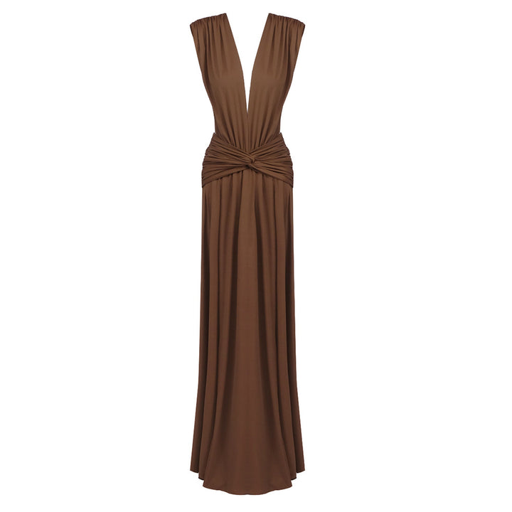 Damen elegantes Maxikleid mit tiefem V-Ausschnitt und drapiertem Bund Drune