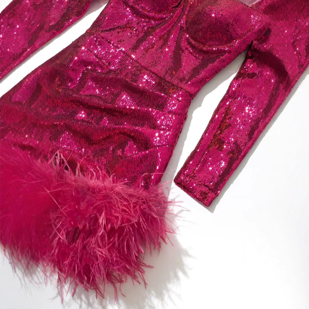 Damen Glitzerndes Cocktailkleid mit Puffärmeln und Federn Drune