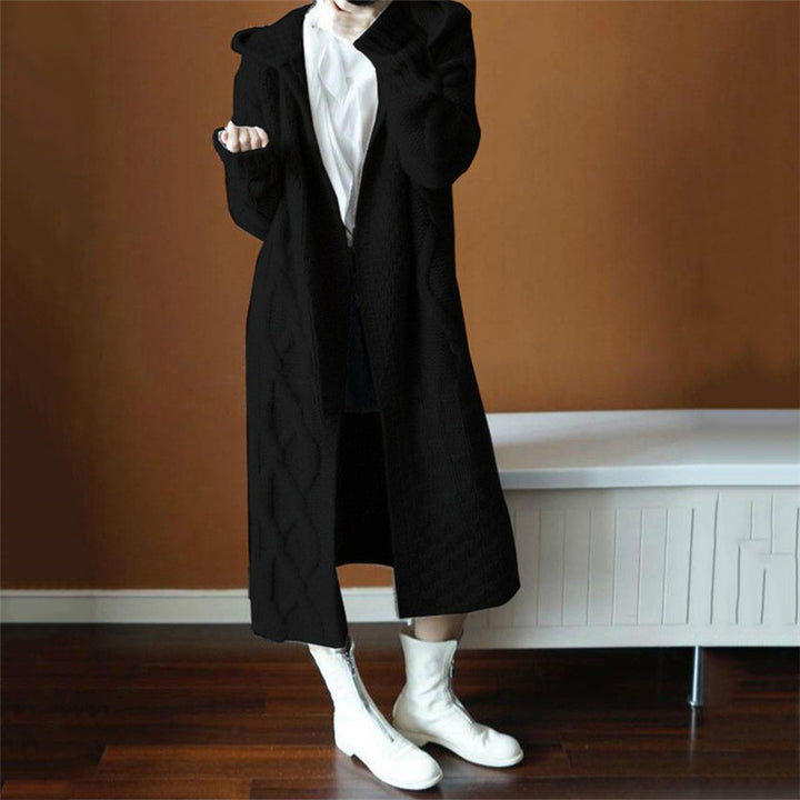 Damen Langer Strickmantel mit Kapuze und Kabelmuster Drune
