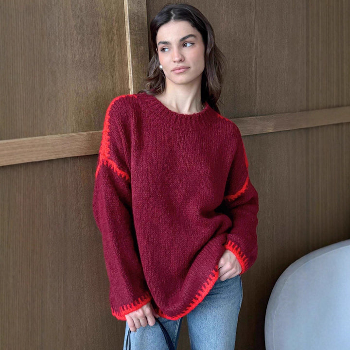 Damen lässiger Strickpullover mit farblich akzentuiertem Saum Drune