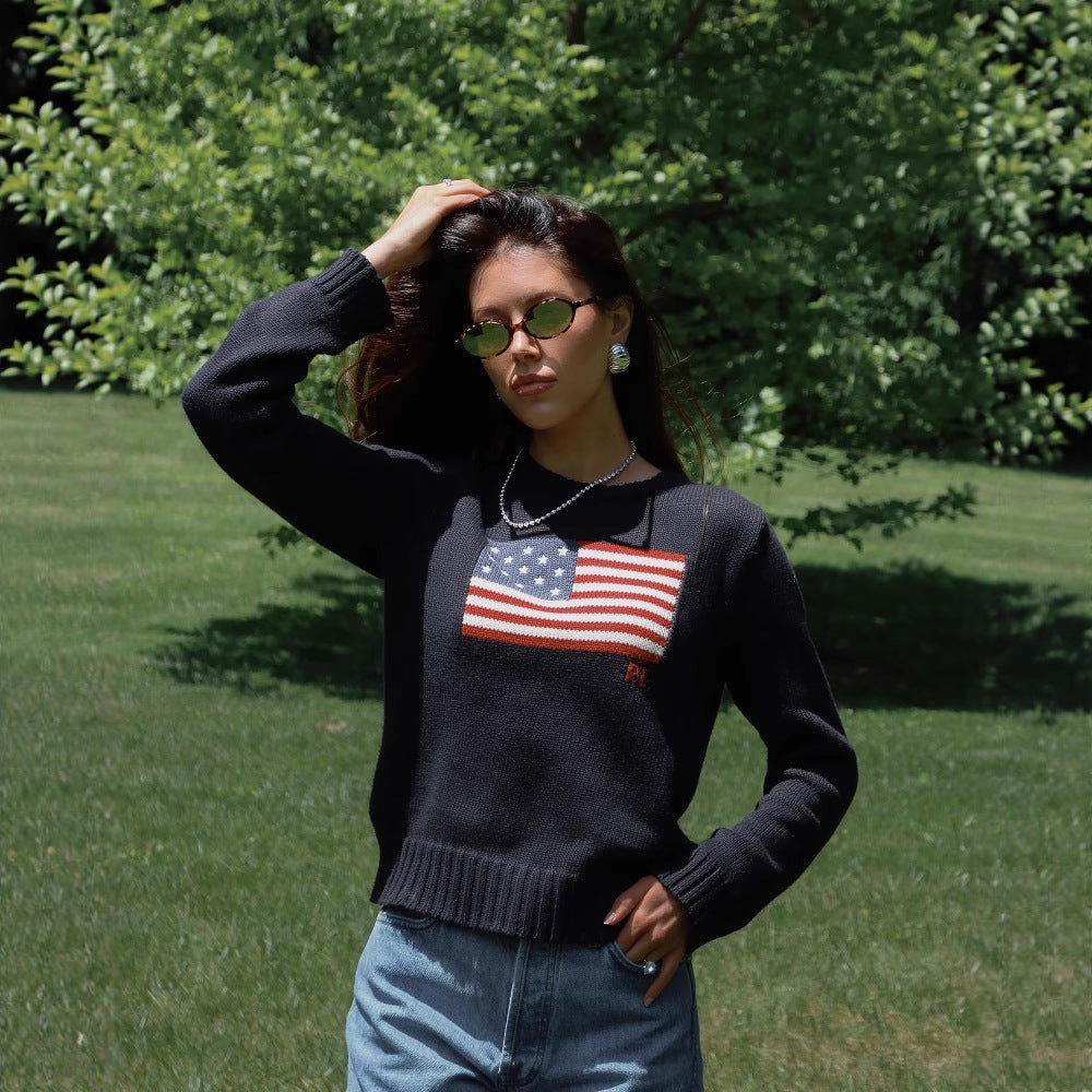 Damen modischer Pullover mit USA-Flaggenapplikation Drune