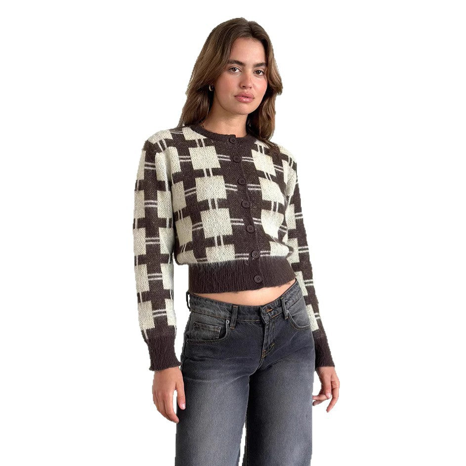 Damen cropped Strickjacke mit modernem Karomuster und knöpfbarem Design Drune
