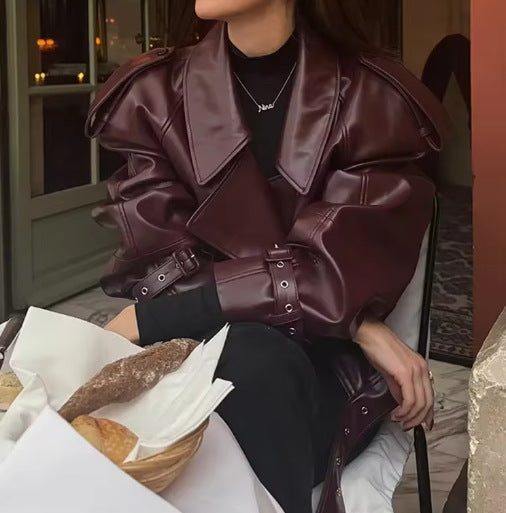 Damen Trendige Oversized-Lederjacke mit strukturierten Schulterpolstern und Taillengürtel Drune