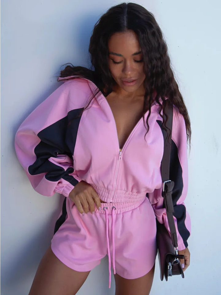Damen Sportliches Kurzarm-Set mit trendiger Jacke und bequemen Shorts Drune