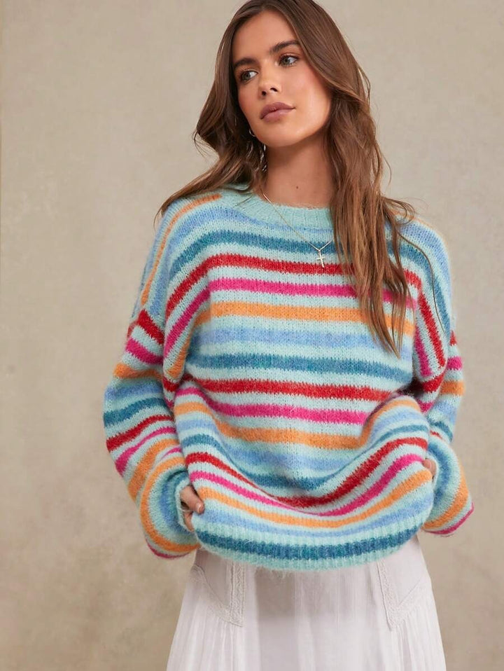 Damen Strickpullover mit buntem Streifenmuster und lässigem Schnitt Drune