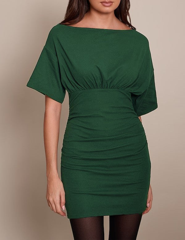 Damen figurbetontes Wickelkleid mit Raffungen und weiten Ärmeln Drune