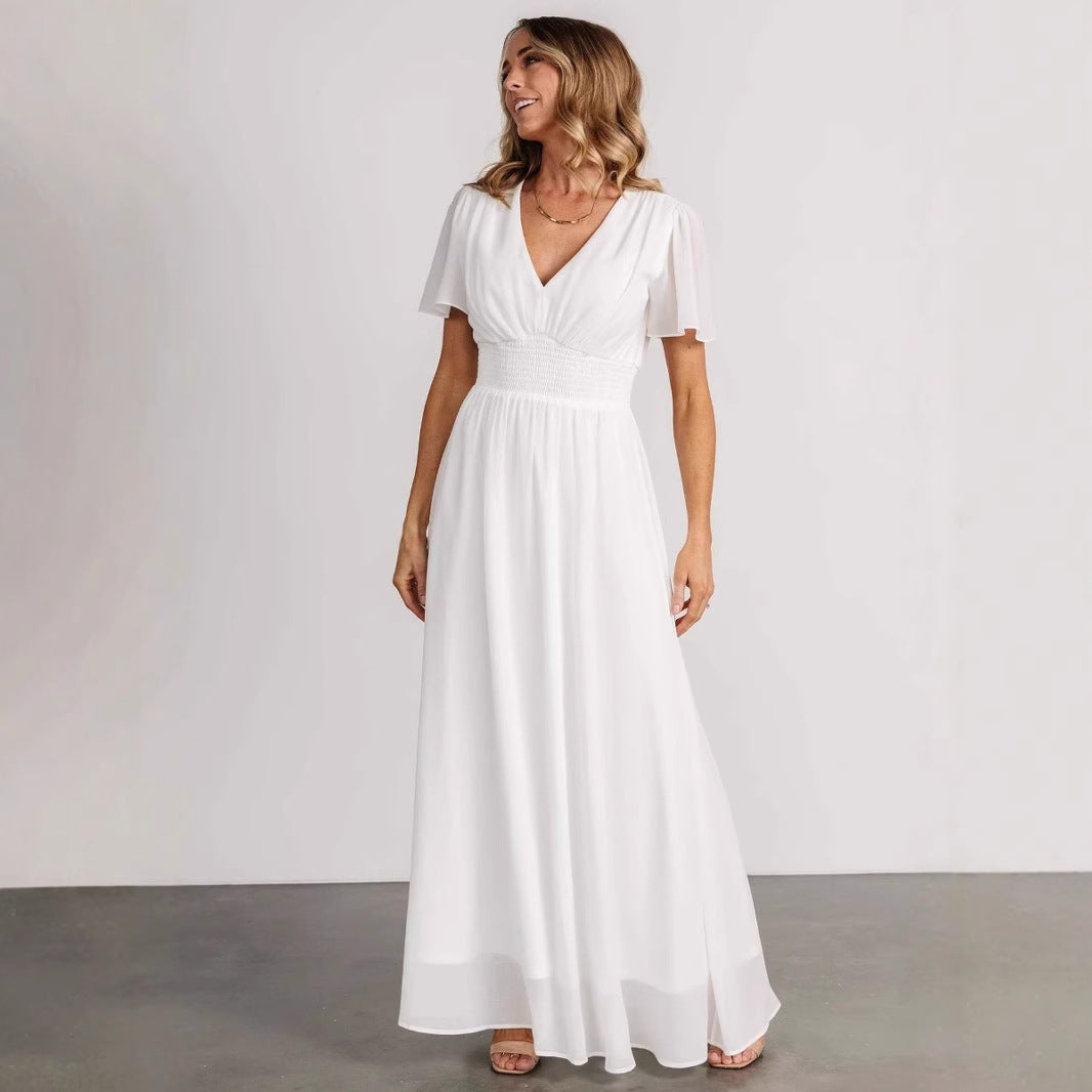 Damen elegantes Maxikleid mit V-Ausschnitt und elastischem Taillenbund Drune