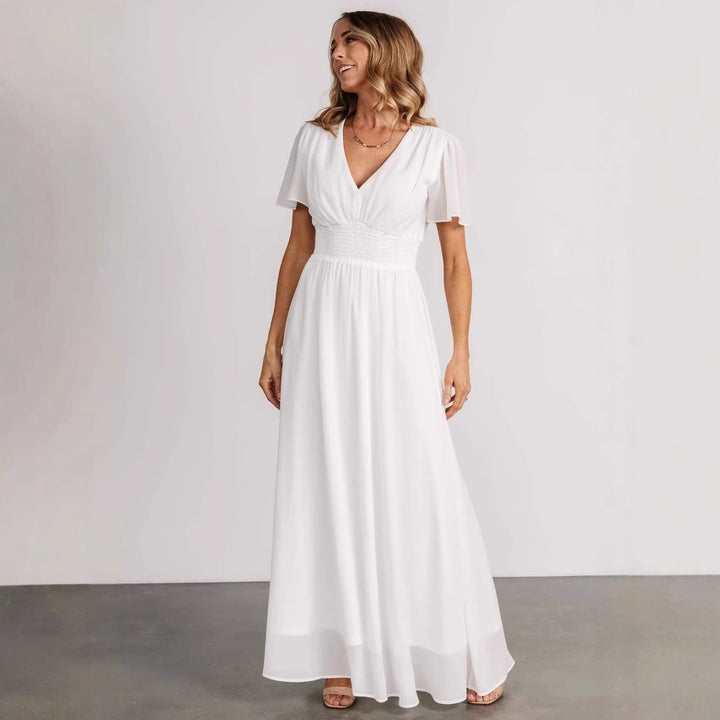 Damen elegantes Maxikleid mit V-Ausschnitt und elastischem Taillenbund Drune