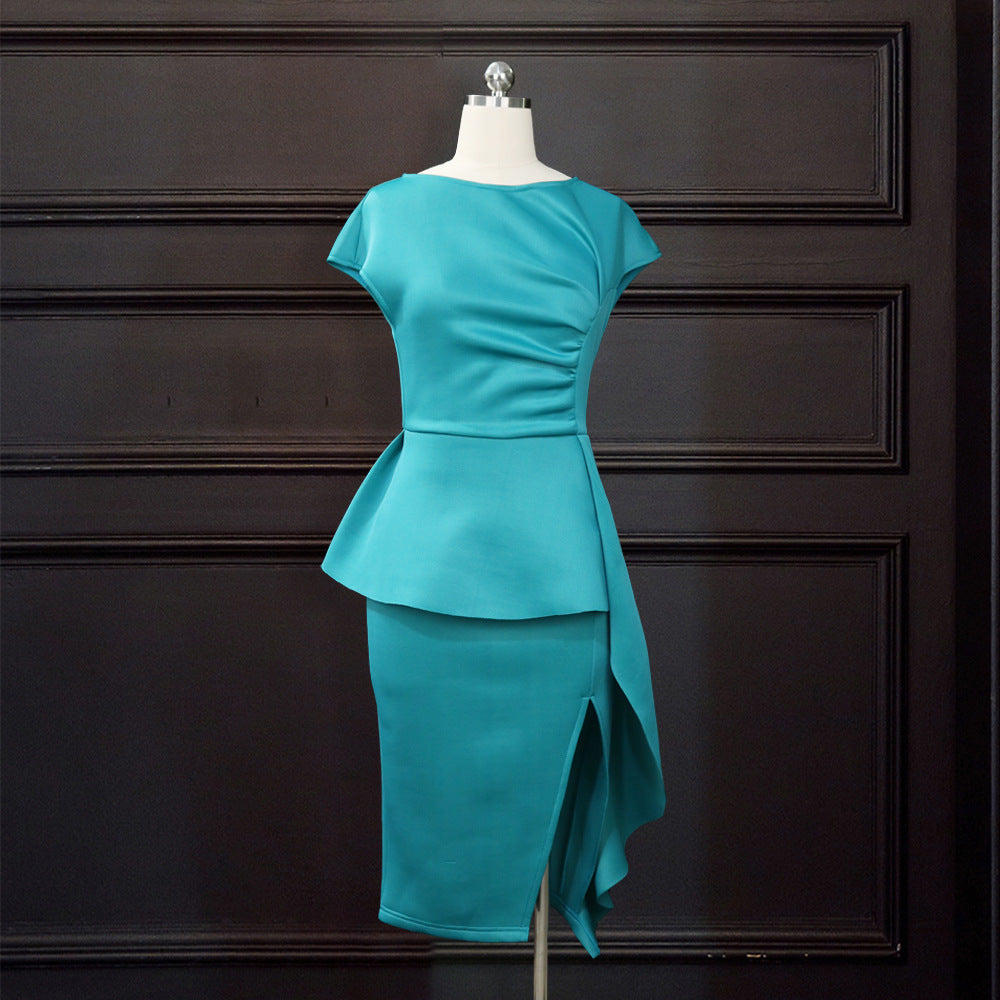 Damen elegantes Wickelkleid mit voluminösem Schößchen Drune