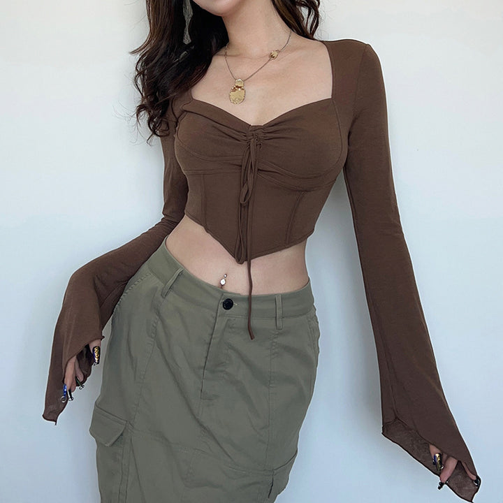 Damen Cropped-Top mit Raffung und ausgestellten Ärmeln Drune
