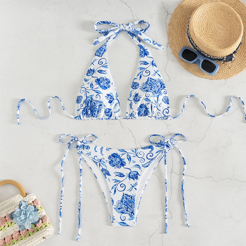 Damen Triangel-Bikini mit floralem Design und verstellbaren Bindebändern Drune