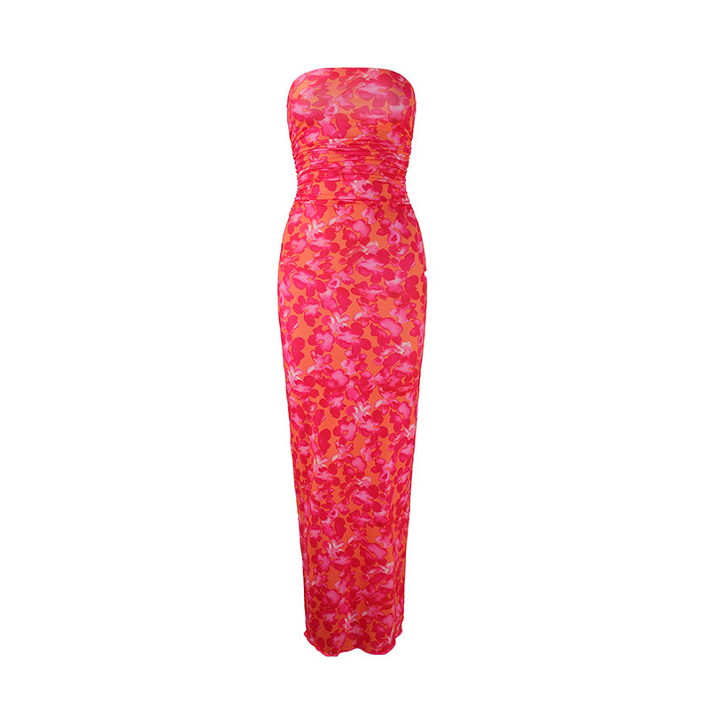 Damen elegantes, trägerloses Maxikleid mit raffiniertem Mustermix Drune