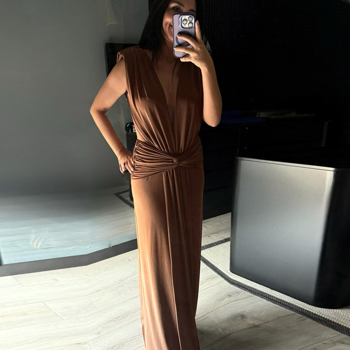 Damen elegantes Maxikleid mit tiefem V-Ausschnitt und drapiertem Bund Drune