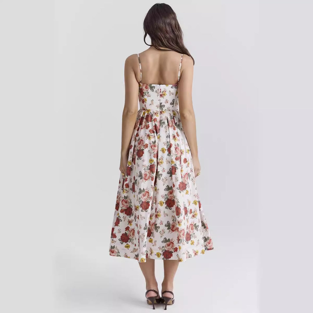 Damen Midi-Blumenkleid mit trägerlosem Stil und schwingendem Rock Drune