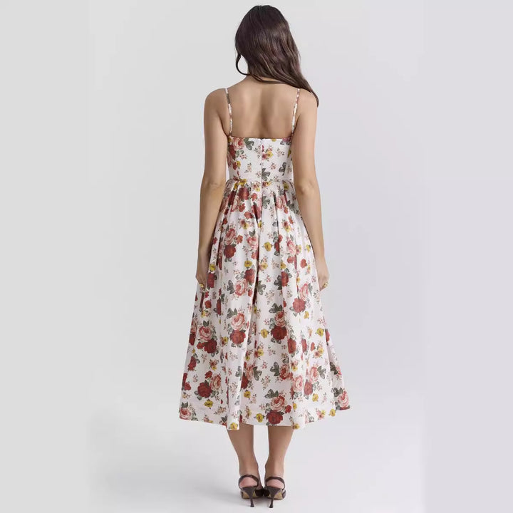 Damen Midi-Blumenkleid mit trägerlosem Stil und schwingendem Rock Drune