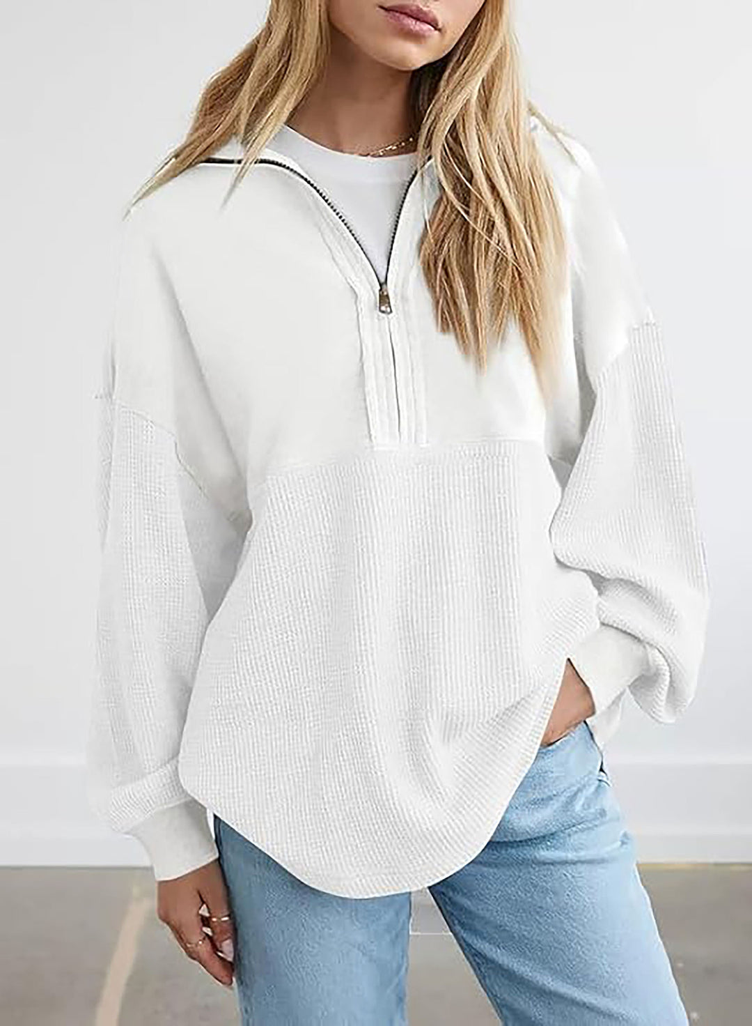 Damen lässiger Kapuzenpullover mit halblangem Reißverschluss und strukturiertem Material Drune