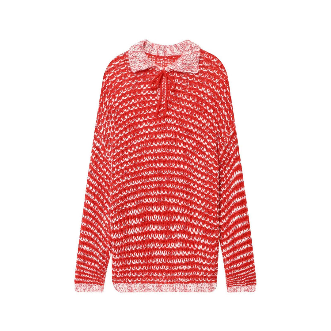 Damen lässiger Strickpullover mit modischem Kragen und Bindebändern Drune