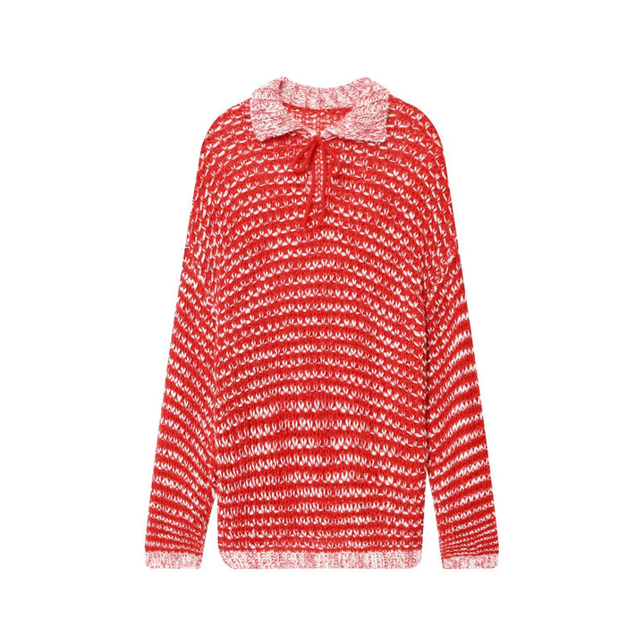 Damen lässiger Strickpullover mit modischem Kragen und Bindebändern Drune