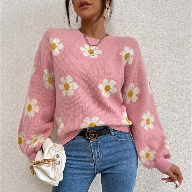 Damen Strickpullover mit verspieltem Blumenmuster und eleganten Puffärmeln Drune