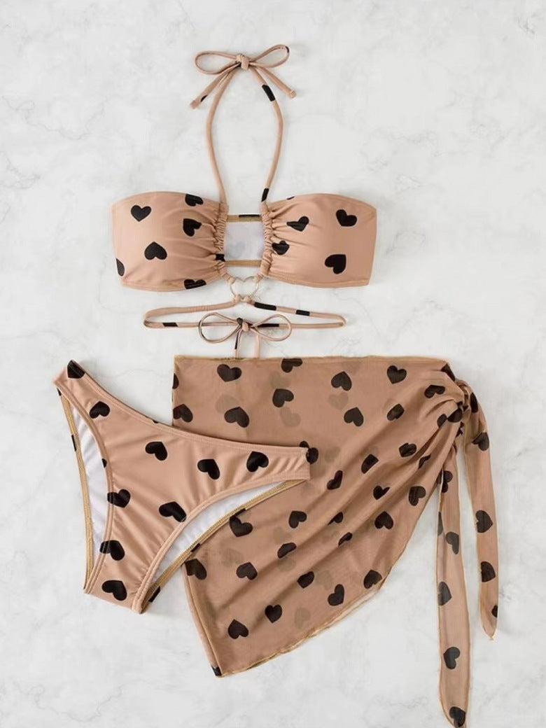 Damen Bikini-Set mit verspieltem Herzmuster und elegantem Wickelrock Drune