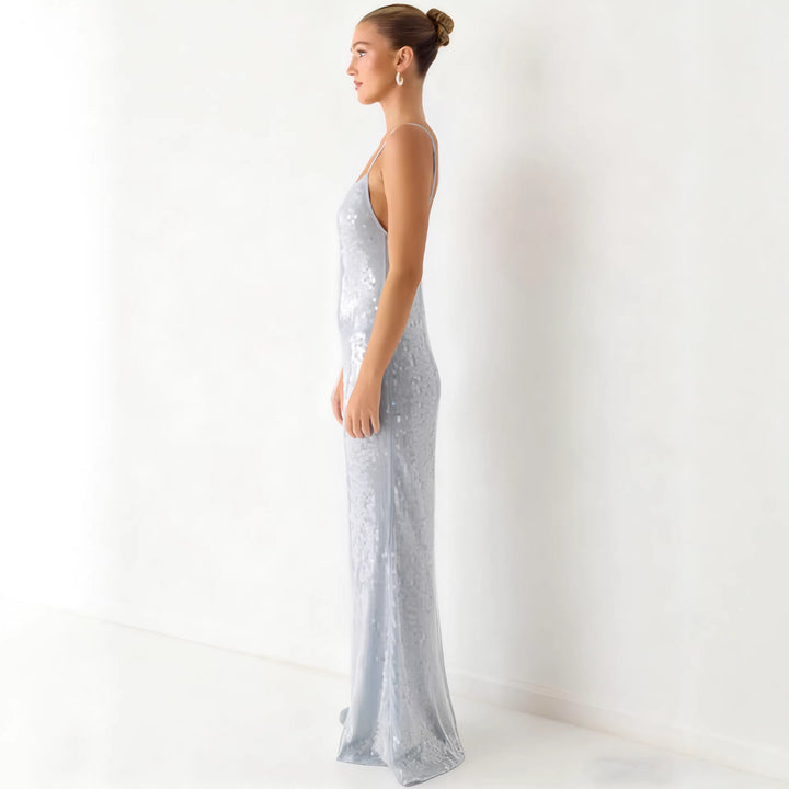 Damen Glamouröses Pailletten-Maxikleid mit schmalem Schnitt und feinen Spaghettiträgern Drune