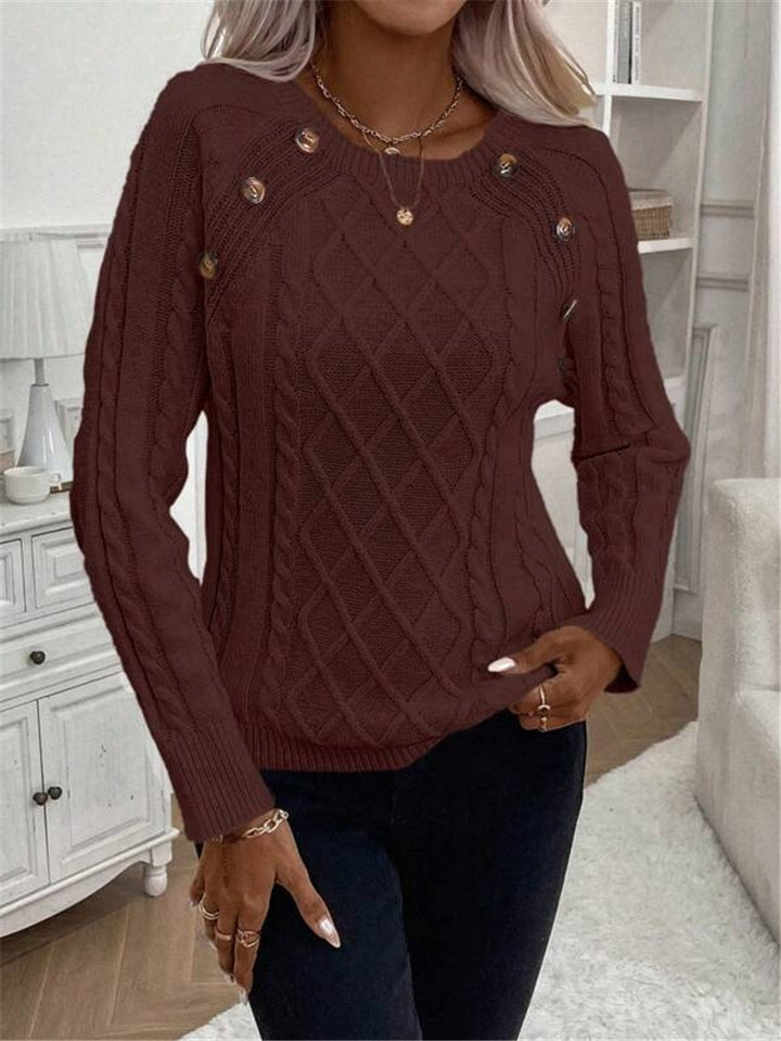 Damen Strickpullover mit strukturiertem Rautenmuster und dekorativen Knöpfen Drune